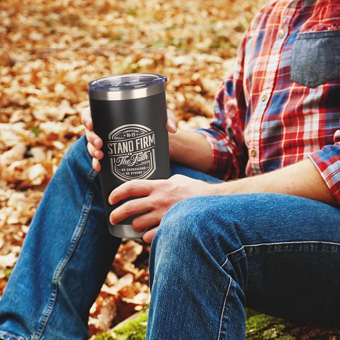 Christian Art Gifts Large Stainless Steel Inspirational Travel Mug Tumbler for Men & Women: Stand Firm Encouraging Bible Verse, Double Wall Vacuum Insulated w/Lid, Hot/Cold Beverage, Black, 18 oz.