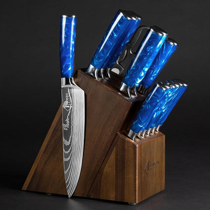 SENKEN 16-Piece Knife Block Set - Japanese High Carbon Stainless Steel with Damascus Pattern, Blue Resin Handles, 6 Steak Knives & Acacia Hardwood Block (Blue)