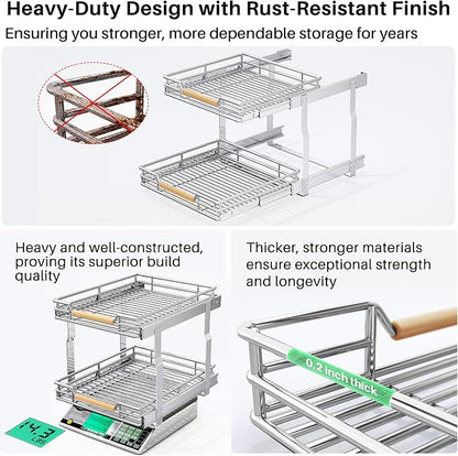 Pull out Cabinet Organizer, 2 Tiers 17"W X 21"D, Heavy Duty Smooth Sliding Under Cabinet Shelves for Pots and Pans, Full-Extension Roll out Drawers, Slide out Organization for Home Kitchen Pantry