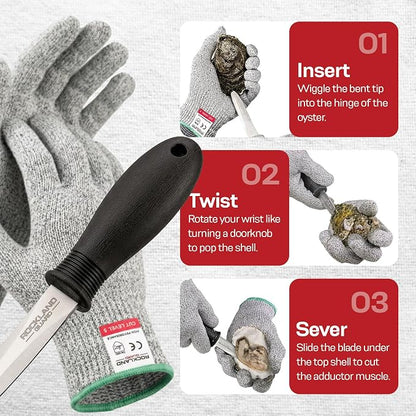 Rockland Guard Professional Oyster Shucking Kit - 3.5” Heavy Duty Stainless Steel Oyster Shucking Knife and Level 5 Cut Resistant Gloves, Clam Opener Shucker and Seafood Tool Gift Set, Extra Large