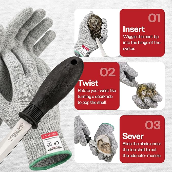 Rockland Guard Professional Oyster Shucking Kit - 3.5” Heavy Duty Stainless Steel Oyster Shucking Knife and Level 5 Cut Resistant Gloves, Clam Opener Shucker and Seafood Tool Gift Set, Small