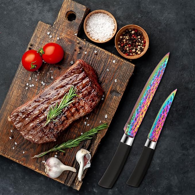 Rainbow Titanium Knife Set, Sharp Stainless Steel Knives Set with Acrylic Block,Sharpener, 6 Steak Knives, Cutlery Knife Block Set, Chef Quality for Home & Pro Use, Best Gift, Black Handle