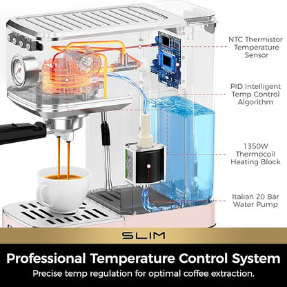 CHULUX Slim Espresso Machine with Milk Frother, 20 Bar Professional Italian Pump Espresso Coffee Machine for Home Cappuccino & Latte Maker, Stainless Steel, Pink