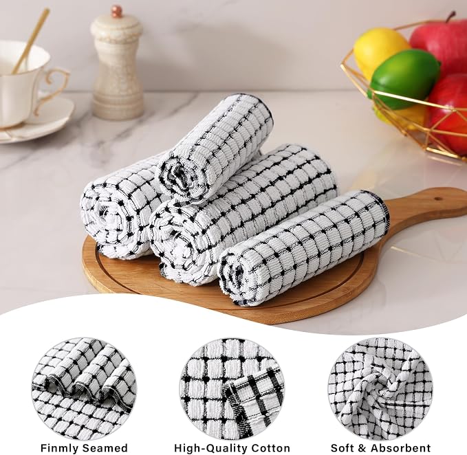Homaxy Kitchen Towels and Dishcloths Set, 16 x 25 and 12 x 12 Inches, Set of 16 Cotton Terry Kitchen Dish Towels, Super Soft and Absorbent Dish Cloths, Black