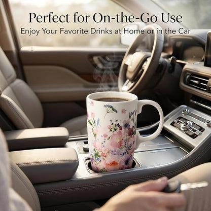 Topadorn 17oz Ceramic Travel Mug with Lid and Handle, Watercolor Floral Coffee Cup, Microwave & Dishwasher Safe, Reusable Tea Mug in Gift Box