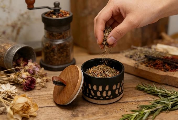 Small Canister 5 fl.oz Kitchen Salt Cellar, Ceramic Jar with Airtight Lid Spice Pepper Butter Food Storage Jar for Matcha Mints Sugar Coffee Daily Vitamins Tooth Powder Decorative Jars (Black)