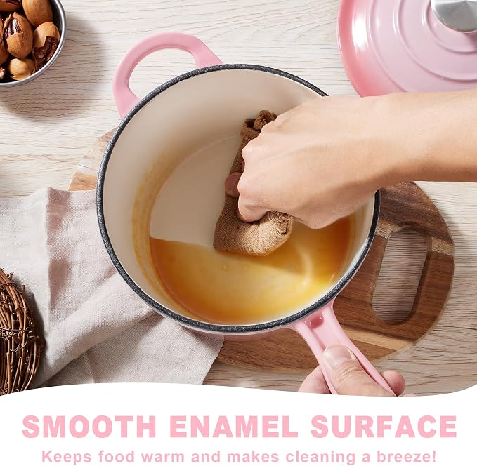 2 Quart Sauce Pan with Lid, Leonyo Small Cooking Pots, Enameled Cast Iron Cookware Set Simmer Pots for Kitchen Induction Boiling Soup, Bread, Ramen - Up to 500°F & Oven Safe, Pink