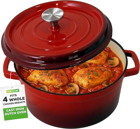 NutriChef Enameled Cast Iron Dutch Oven – 5 QT Pot with Lid, Cooking Pot with Moisture-Sealing Lid for Bread Baking, Stews, Braising, Roasting, Marinating & Slow Cooking – Oven Safe Up to 500°F