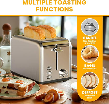 Simple Deluxe 2-Slice Toaster, 6 Browning Setting and 3 Function, Extra Wide Slot & Removable Crumb Tray, for Bread & Waffle, Silver