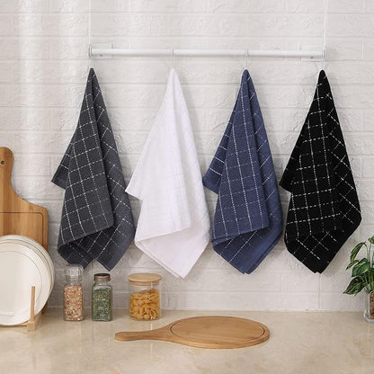 Mordimy 100% Cotton Terry Cloth Kitchen Towels, Super Soft and Absorbent Dish Towels for Drying, Checkered Designed Hand Towels, 16 x 26 Inches, 4 Pack, Navy Blue