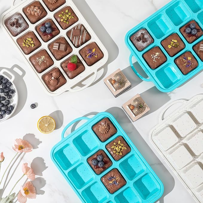 Vinino Silicone Brownie Pan with Dividers, 1 Pack Mini Loaf Pan for Baking Individual, Nonstick 12 Cups Square Muffin Cupcake Pans with Metal Reinforced Frame-Aqua Blue