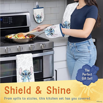 Disney Kitchen Towels & Oven Mitts Set – 4 Piece Bundle with 2 Cotton Dish Towels/Hand Towels & 2 Heat Resistant Mini Oven Mitts (Pot Holders) – Mickey, Stitch & Pooh (Stitch)