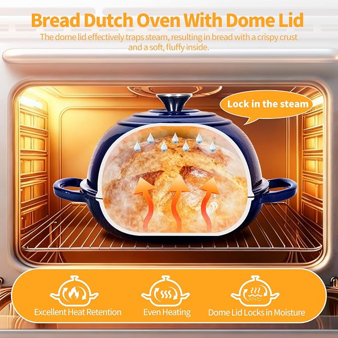 ONKO Dutch Oven For Sourdough Bread Baking, 6QT Enameled Cast Iron Dutch Oven Pot With Lid, Non-stick Sourdough Baking Pan with Bread Dome, Round Ceramic Dutch Ovens Pot with Cloche for Homemade