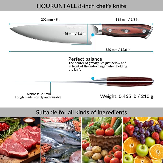 8 Inch Chef Knife with Innovative Safety Notch, Forged 5CR15MOV High Carbon Stainless Steel Kitchen Knife, Ultra Sharp Vegetable &Meat Cleaver with Ergonomic Wood Handle for Pro Chefs