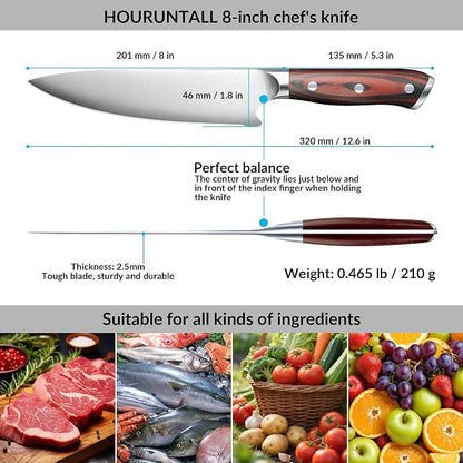 8 Inch Chef Knife with Innovative Safety Notch, Forged 5CR15MOV High Carbon Stainless Steel Kitchen Knife, Ultra Sharp Vegetable &Meat Cleaver with Ergonomic Wood Handle for Pro Chefs
