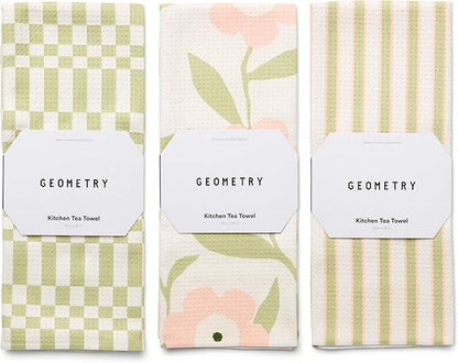 GEOMETRY Tea Towels – Spring & Summer Collection – Quick-Dry, Ultra-Absorbent, Reusable Microfiber Kitchen Towels for Drying & Cleaning - Meadowlight - 3 Pack