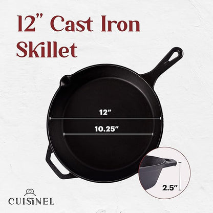 Cuisinel 12‑Inch Cast Iron Skillet – Pre‑Seasoned Frying Pan with Assist Handle & Silicone Handle Holder – Oven, Stovetop, Grill & Campfire Safe Cookware – PFAS & PFOA‑Free