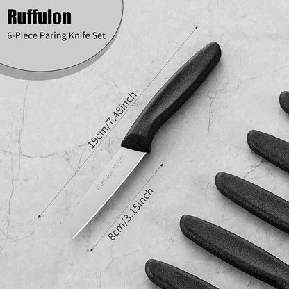 Stainless Steel Paring Knife Set (6 Pieces)，Ultra Sharp Vegetable and Fruit Knife, Black Paring Knife with Straight Edge，Small Kitchen Knife with PP Plastic Ergonomic Handle