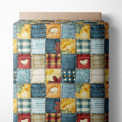 Patchwork Cotton Fabric Panel 61 x 36.6 Inches, Rustic Quilt Style Squares with Heart Motifs, Multicolor Vintage Design, 100% Cotton 140 GSM