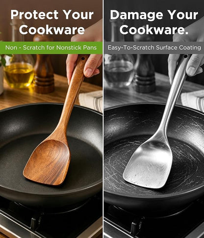 Wooden Utensil Set - 10 Pcs Teak Wooden Spoons for Cooking, Non Toxic, Heat Resistant, Durable & Safe for Kitchen Nonstick Cookware