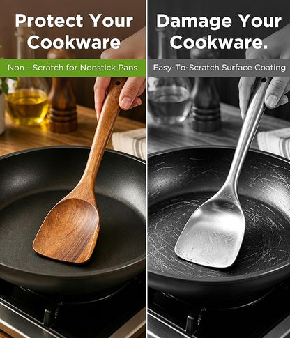 Wooden Utensil Set - 8 Pcs Teak Wooden Spoons for Cooking, Non Toxic, Heat Resistant, Durable & Safe for Kitchen Nonstick Cookware