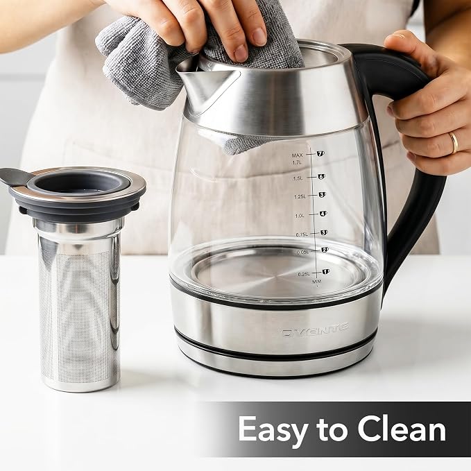 OVENTE Electric Tea Kettle with Temperature Control, Removable Tea Infuser, Easy to Fill Lid, Keep Warm Function, Auto Shut-Off, 1.7L Double Wall Borosilicate Glass, Stainless Steel Base, Silver KD68S
