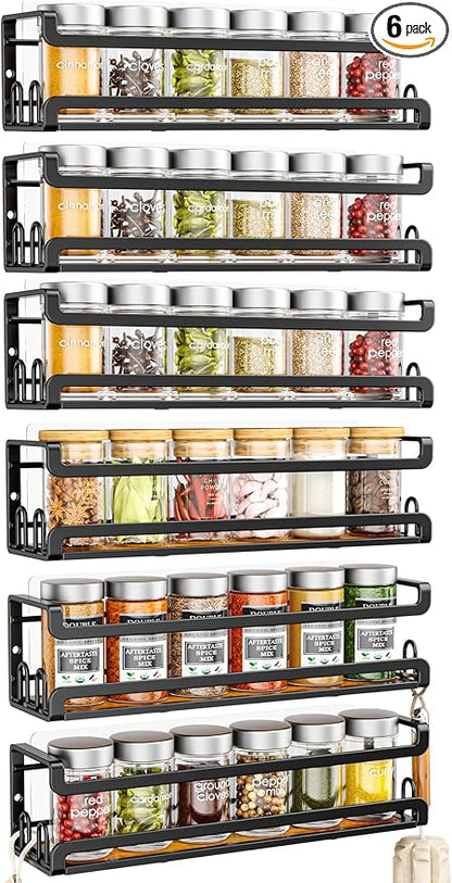 Doakhirmit Wall Mounted Spice Rack with 16 Hooks, Rustic Wood Spice Organizer Shelf for Stove Cabinet Pantry Door,Screw or Adhesive Hanging Spice Shelf,Wall Spice Rack in Kitchen and RV,6 Pack
