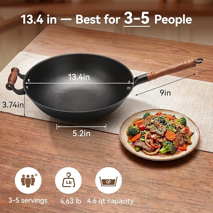 WANGYUANJI 13.4 Inch Cast Iron Wok Pan with Lid, Flat Bottom Uncoated Stir Fry Skillet, Heavy Duty Chinese Iron Pot for Family Cooking, Induction & Gas Stoves Compatible