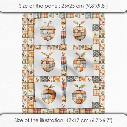 Patchwork Acorn Autumn Cotton Fabric Panel – 6 Designs (10×10 inch Each) + Bonus Sheet 29.5×19.6 inch, 100% Cotton 140 GSM, Made in Türkiye