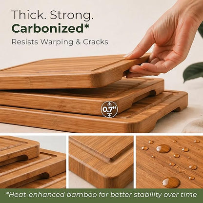 Wood Cutting Board Set of 3 - Sturdy & Easy to Clean Bamboo Wooden Cutting Boards for Kitchen - 3 Sizes of Chopping Board with Juice Grooves for Meal Prep, Everyday Use, Housewarming Gift
