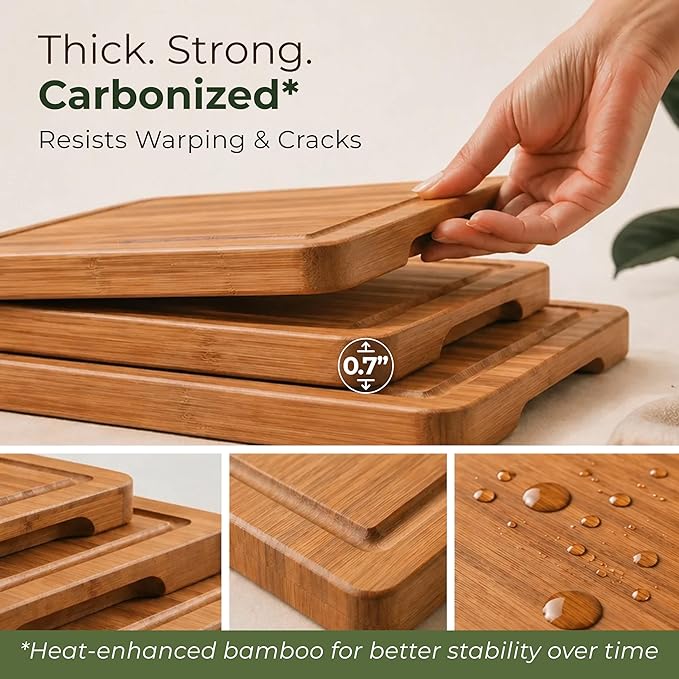 Wooden Cutting Board Set of 3 - Thick & Durable Bamboo Wood Cutting Boards for Kitchen - with Deep Juice Grooves & Built-In Handles - Large Surface, Easy to Clean - for Meat, Vegetables and Fruits