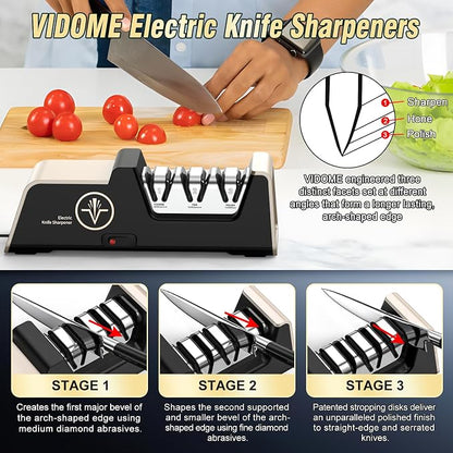 VIDOME Professional Electric Knife Sharpener with 100% Diamond Abrasives, 3-Stage Precision Angle Guides, Champagne Gold, for Kitchen Straight Edge and Ceramic Knives