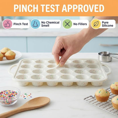 2-Pack Silicone Muffin Pan Set – Regular 12 Cup & Mini 24-Cup Silicone Muffin Pans for Baking – Nonstick Silicone Cupcake Pan with Metal-Reinforced Handles – BPA-Free, Dishwasher-Safe, Cream
