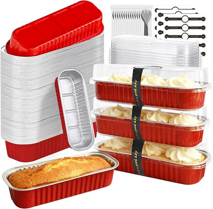 100 Pack Mini Cake Pans with Lids and Spoons, Mini Loaf Baking Pans 6.8oz, Small Disposable Aluminum Foil Loaf Pans, Rectangular Baking Containers for Party and Picnics, Cheesecake Pans (Red)