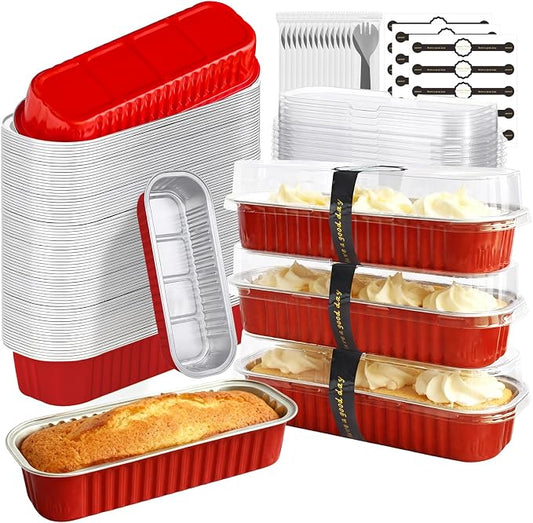 100 Pack Mini Cake Pans with Lids and Spoons, Mini Loaf Baking Pans 6.8oz, Small Disposable Aluminum Foil Loaf Pans, Rectangular Baking Containers for Party and Picnics, Cheesecake Pans (Red)