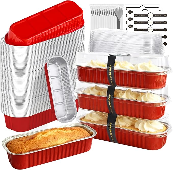 Mini Cake Pans With Lids And Spoons 50 Pack,6.8 oz Rectangle Mini Loaf Pans Disposable Aluminum Foil Baking Cups Muffin Tins - Pink (50, red)