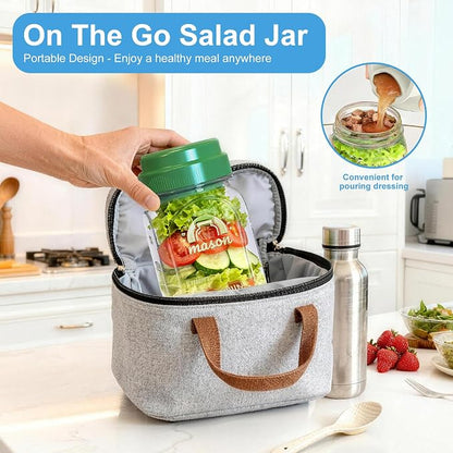 [UPGRADE] 4 Pack Green Salad Jars with Lids and Airtight Silicone Dressing Cup, Square Glass Salad Container for Lunch with Foldable Fork for Men/Women, 32 Oz Mason Jar for Overnight Oats Meal Prep
