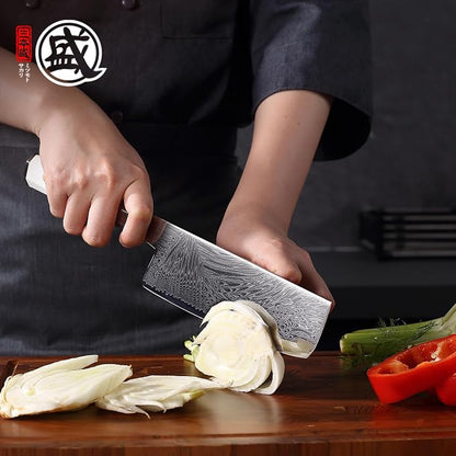 MITSUMOTO SAKARI 6.5-Inch VG-Pro Damascus Nakiri Knife, Hand Forged Professional Japanese Chef Knife, Ergonomic G10 Handle & Sandalwood Box