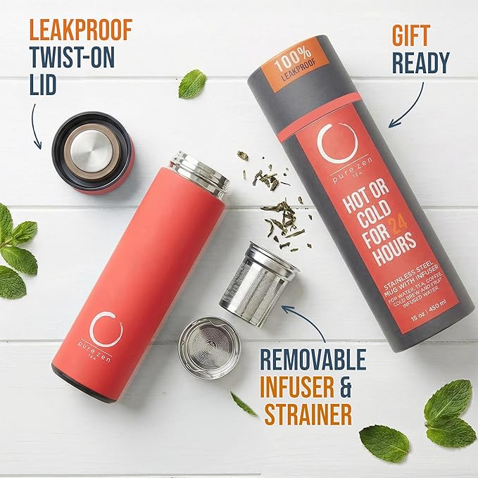 Pure Zen Tea Thermos with Infuser for Hot and Cold Infusions - Stainless Steel - Tea Infuser Bottle - Leakproof Travel Mug with Filter - 15oz - Red