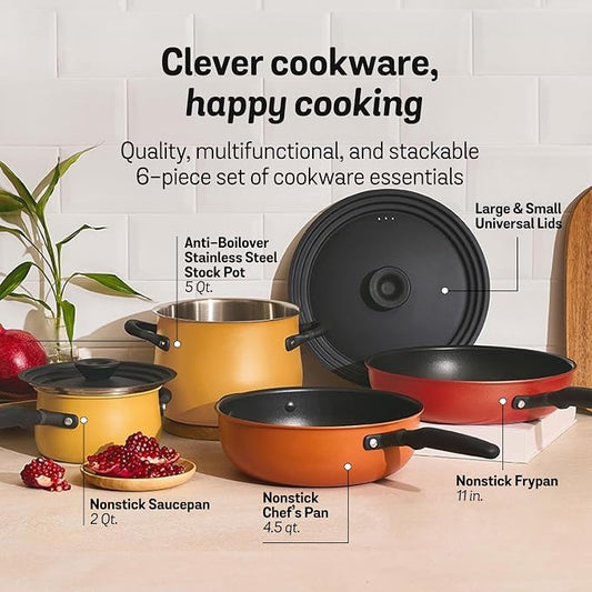 Meyer 6pc Stackable Set with Universal Lids | Hard Anodized Non Stick and Stainless Steel Pots and Pans | Induction Compatible | Dishwasher Safe | Oven Safe | Red, Orange, Yellow | Accent Cookware
