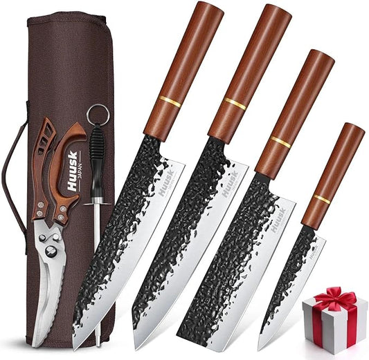 Huusk Japanese Knife Set 6pcs with Covers - Professional Chef Knife Set with Bag & Sharpener, High Carbon Steel Forged Knives Sets with Scissors, Japanese Kitchen Knives Sets, Fathers Day Gift