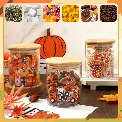 JarThenaAMCS 3Pcs Fall Glass Storage Jars with Airtight Lid Orange Pumpkin Autumn Gnome Truck Clear Food Storage Canisters Sets for Harvest Thanksgiving Home Kitchen Countertop Decoration