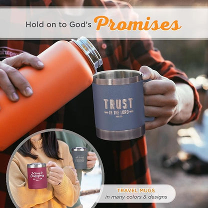 Christian Art Gifts Stainless Steel Double Wall Vacuum Insulated Camp Style Travel Mug 11 oz Gray Coffee Mug with Retractable Lid for Men/Women with Bible Verse- Trust In The Lord-Proverbs 3:5