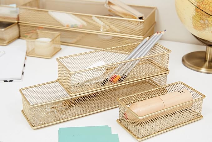 Annova Mesh Stackable Drawer Cabinet and Shelf Organizer Bins Storage Basket School Office Supply Holder Tray- Set of 2 (Gold, 3x12x2 Inch)