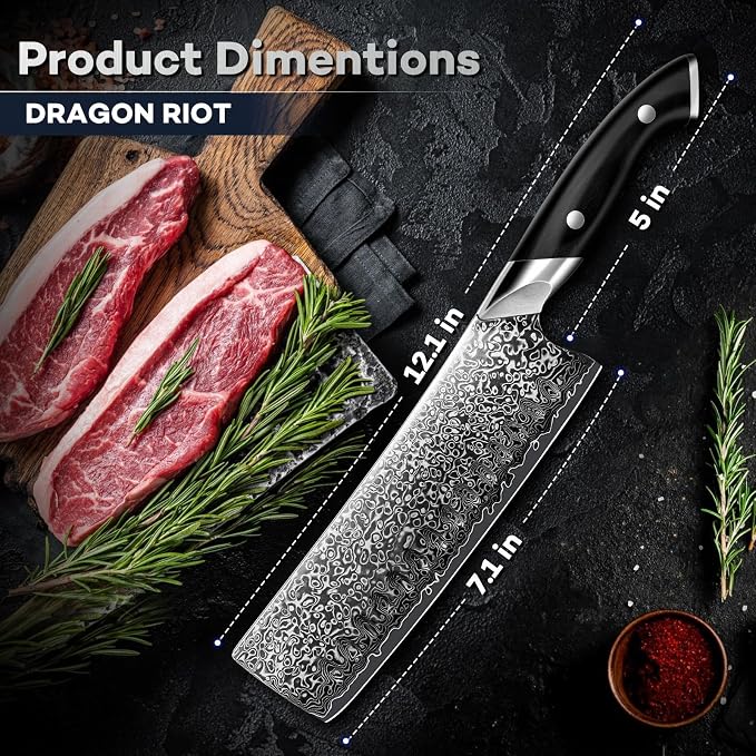 DRAGON RIOT Japanese Nakiri Knife, Damascus VG10 Meat and Vegetable Cleaver Knife, Ergonomic Wooden Handle, Elegant Gift Box for Men and Women