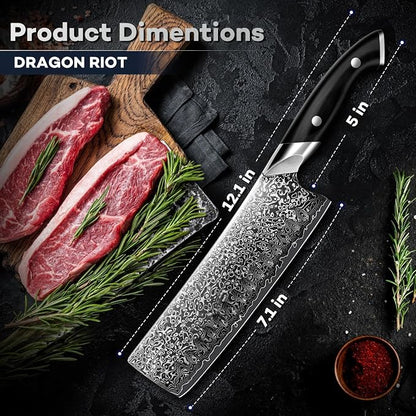 DRAGON RIOT Japanese Nakiri Knife, Damascus VG10 Meat and Vegetable Cleaver Knife, Ergonomic Wooden Handle, Elegant Gift Box for Men and Women