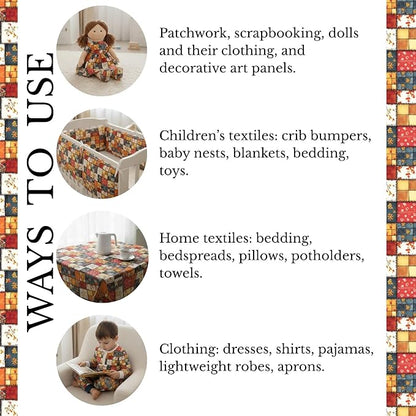Autumn Patchwork Cotton Fabric Panel 61 x 36.6 Inches, Vintage Quilt Style Floral Printed Cotton Sewing Fabric, 140 GSM