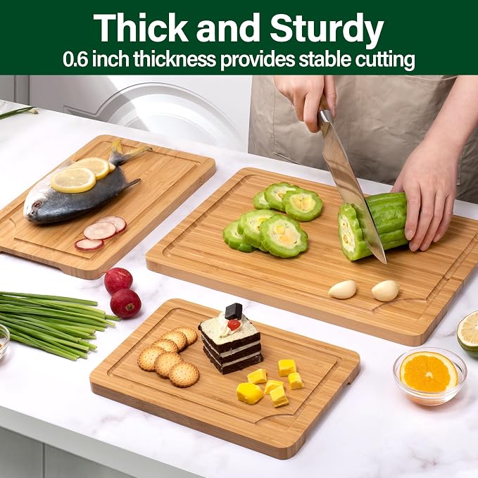 Bamboo Cutting Board Set of 3, Cutting Boards For Kitchen with Juice Groove, Bamboo Chopping Board Set, Serving Board Set for Meat, Fruit Vegetable and Cheese