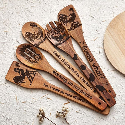 Remerry 6 Pcs Rooster Gifts for Women Rooster Kitchen Gift Set with Acacia Cooking Spoons Apron Kitchen Cooking Utensils Set for Mother's Day Housewarming Gift