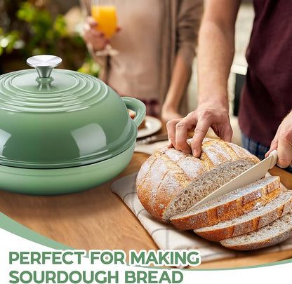 E-far Dutch Oven for Sourdough Bread Baking, 6 Qt Round Enameled Cast Iron Dutch Oven for Homemade Artisan Bread, Dome Lid & Shallow Base, Matte Black Interior & Durable, Oven-Safe to 500℉, Green
